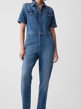 GAP Women's Blue Denim Short-Sleeve Overalls Jumpsuit